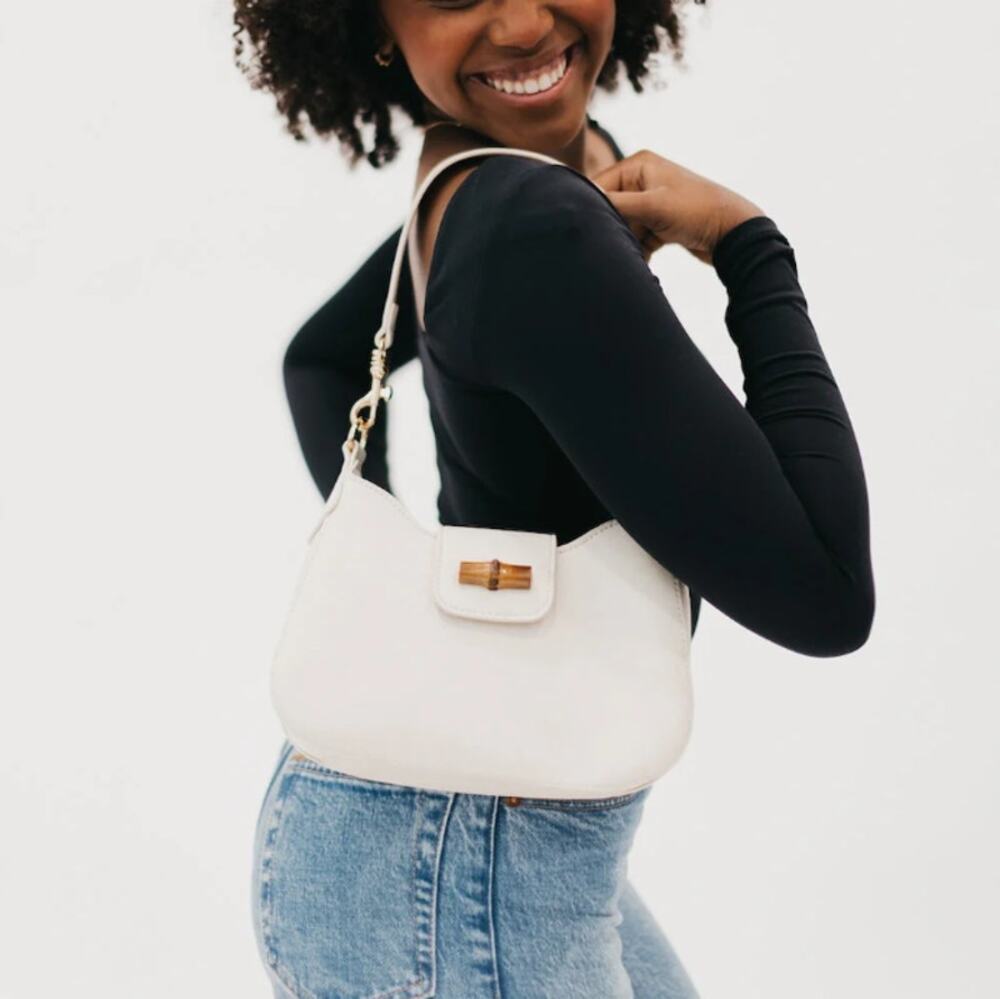 Pretty Simple Cream Vegan Leather Bamboo Shoulder Bag